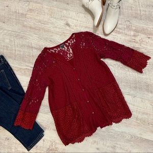 Lucky Brand 3/4 Sleeve Lace Mixed Media Top, Sz M